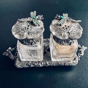 Mary DeMarco Dragonfly Pewter Salt Pepper Set w/ Tray – Jeweled Crystal Accents